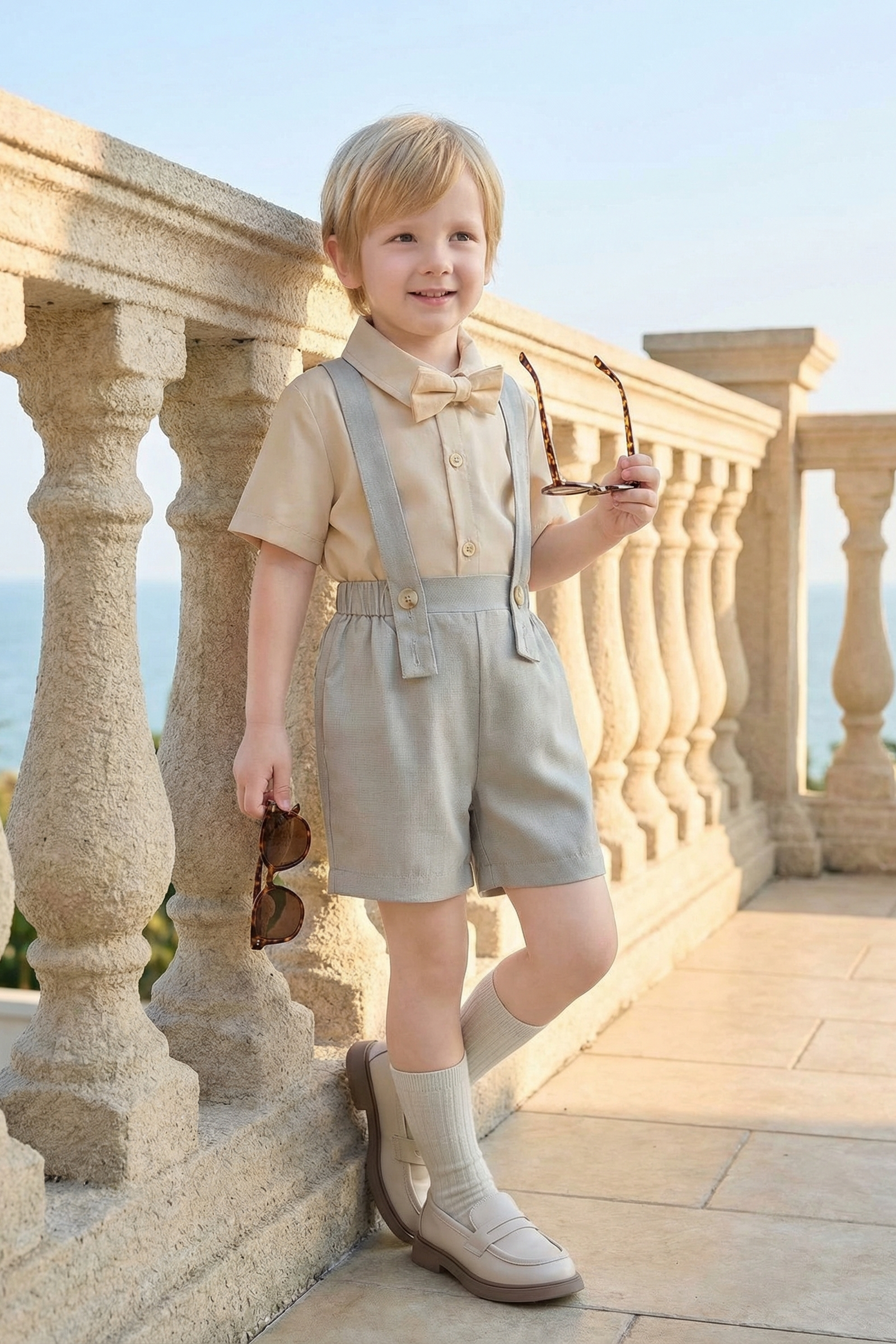 Boys Light Gray And Blue Minimalist Denim Overalls