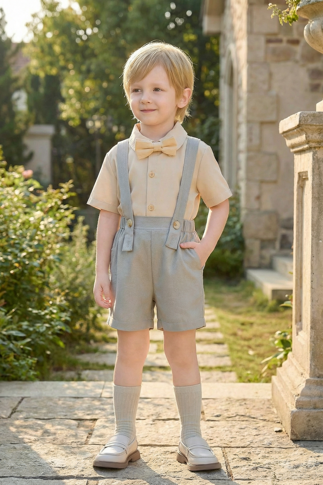 Boys Light Gray And Blue Minimalist Denim Overalls