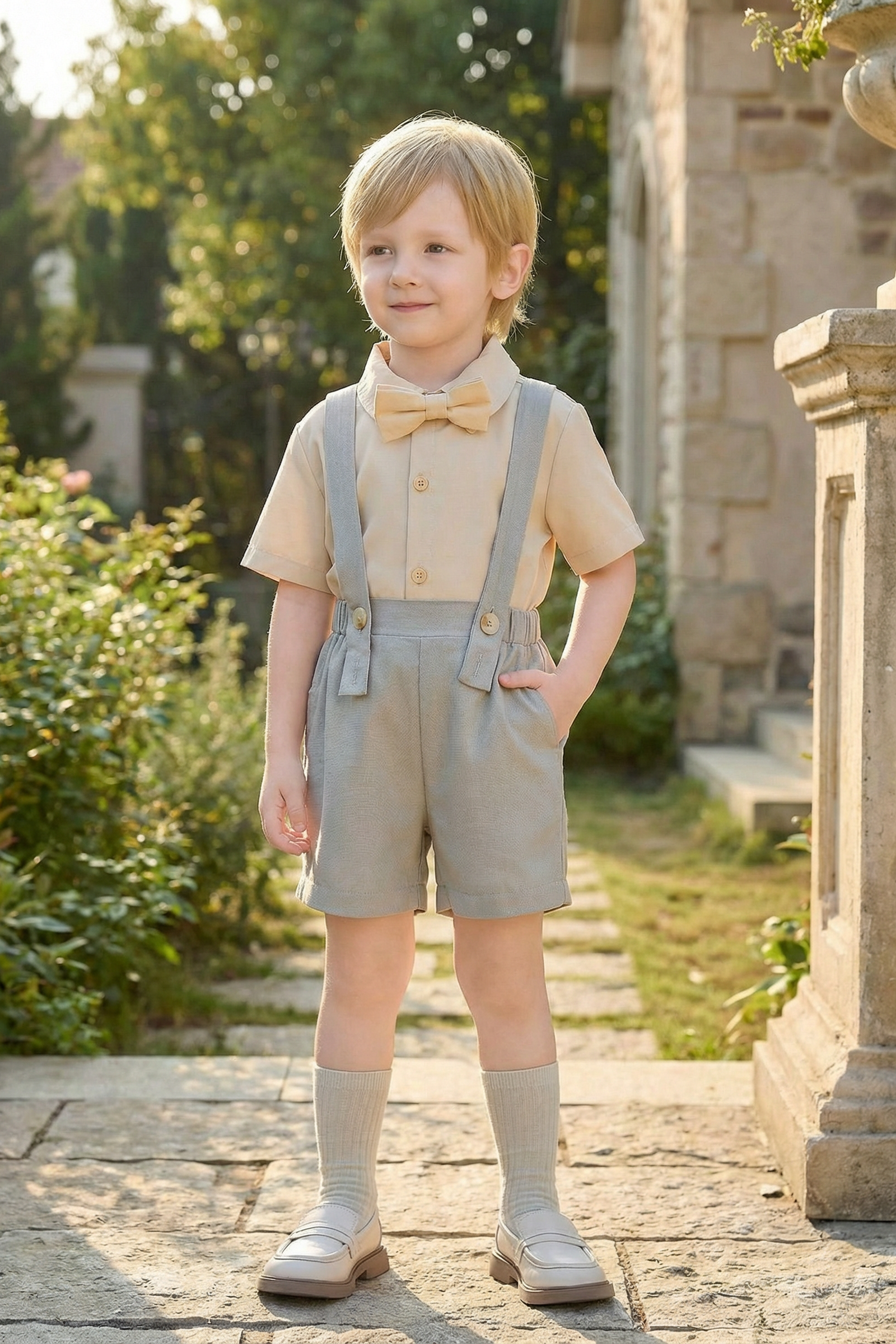 Boys Light Gray And Blue Minimalist Denim Overalls