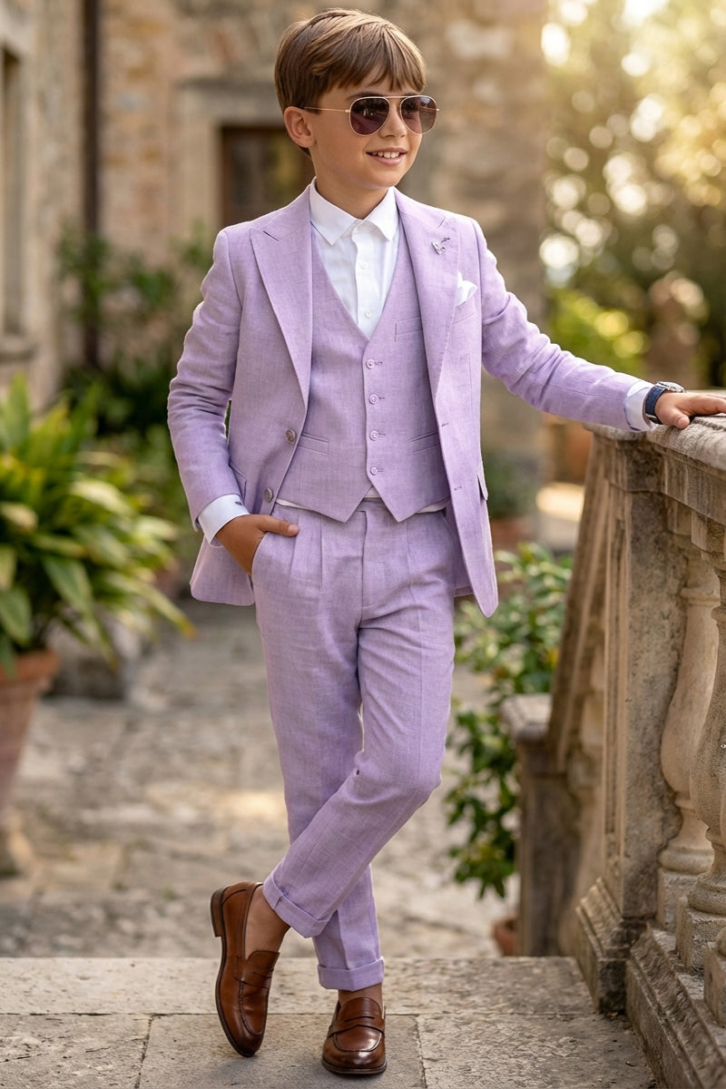 Boys Lavender Linen Blend 3-piece Suit