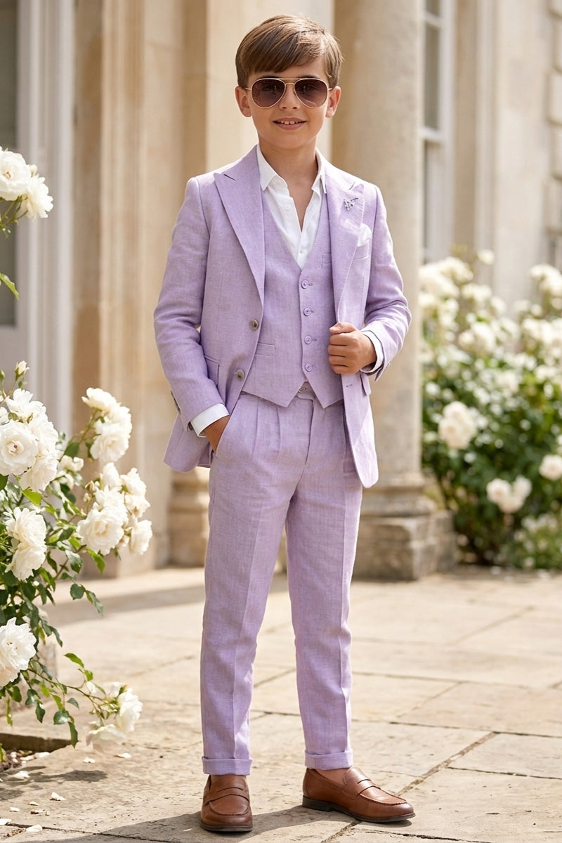 Boys Lavender Linen Blend 3-piece Suit