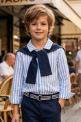 Cargar la imagen en la vista de la galería, Blue Striped Shawl Long Sleeved Shirt
