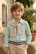 Load image into Gallery viewer, Green White Striped Shawl Long Sleeved Shirt
