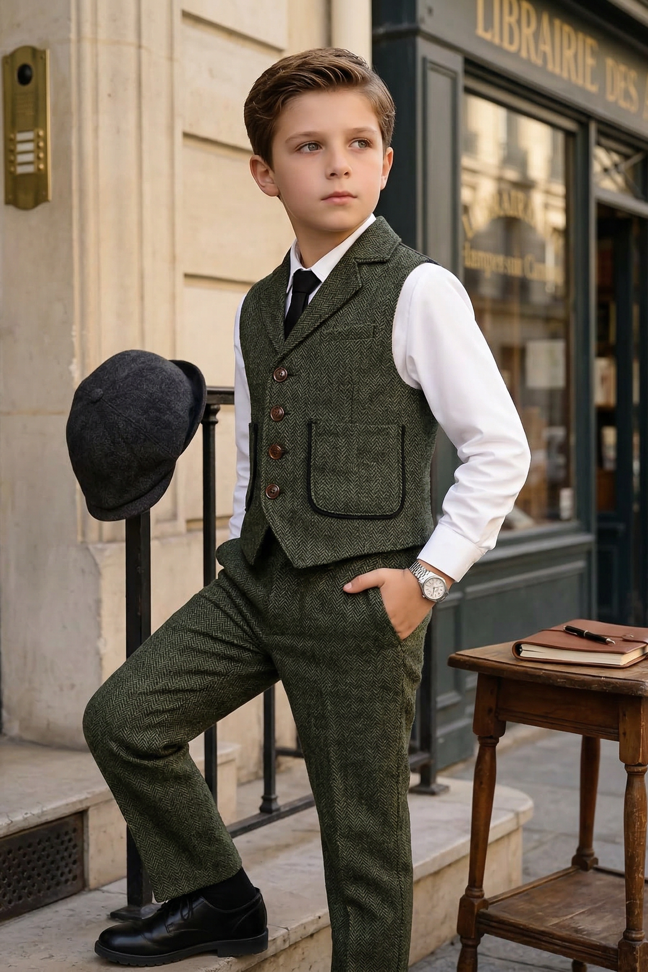 Dark Green V-neck Herringbone 2-Piece Set