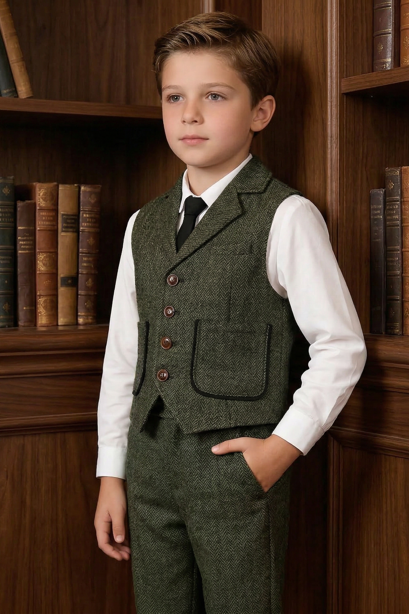 Dark Green V-neck Herringbone 2-Piece Set