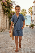 Load image into Gallery viewer, Blue-Grey Striped Printed Shirt 2-Piece Set
