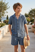 Load image into Gallery viewer, Blue-Grey Striped Printed Shirt 2-Piece Set
