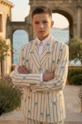 Load image into Gallery viewer, Beige Striped Printed 2-Piece Suit
