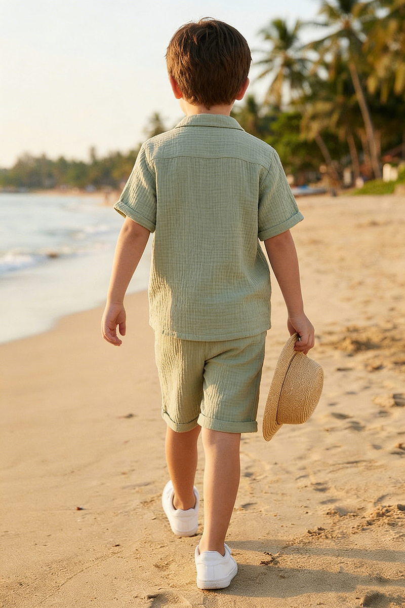 Boys Sage Green Linen Short-Sleeve Shirt & Shorts Set