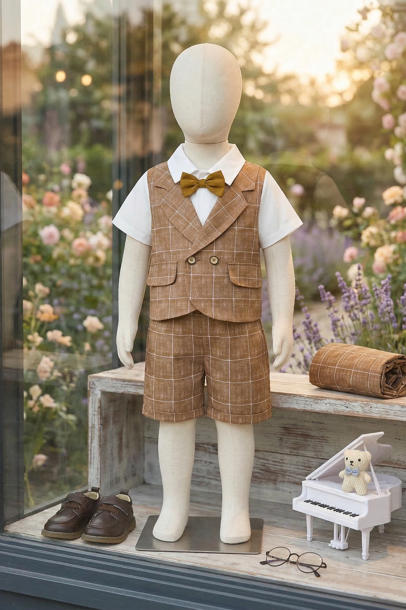 Light Brown Plaid Double-Breasted 2-Piece Set