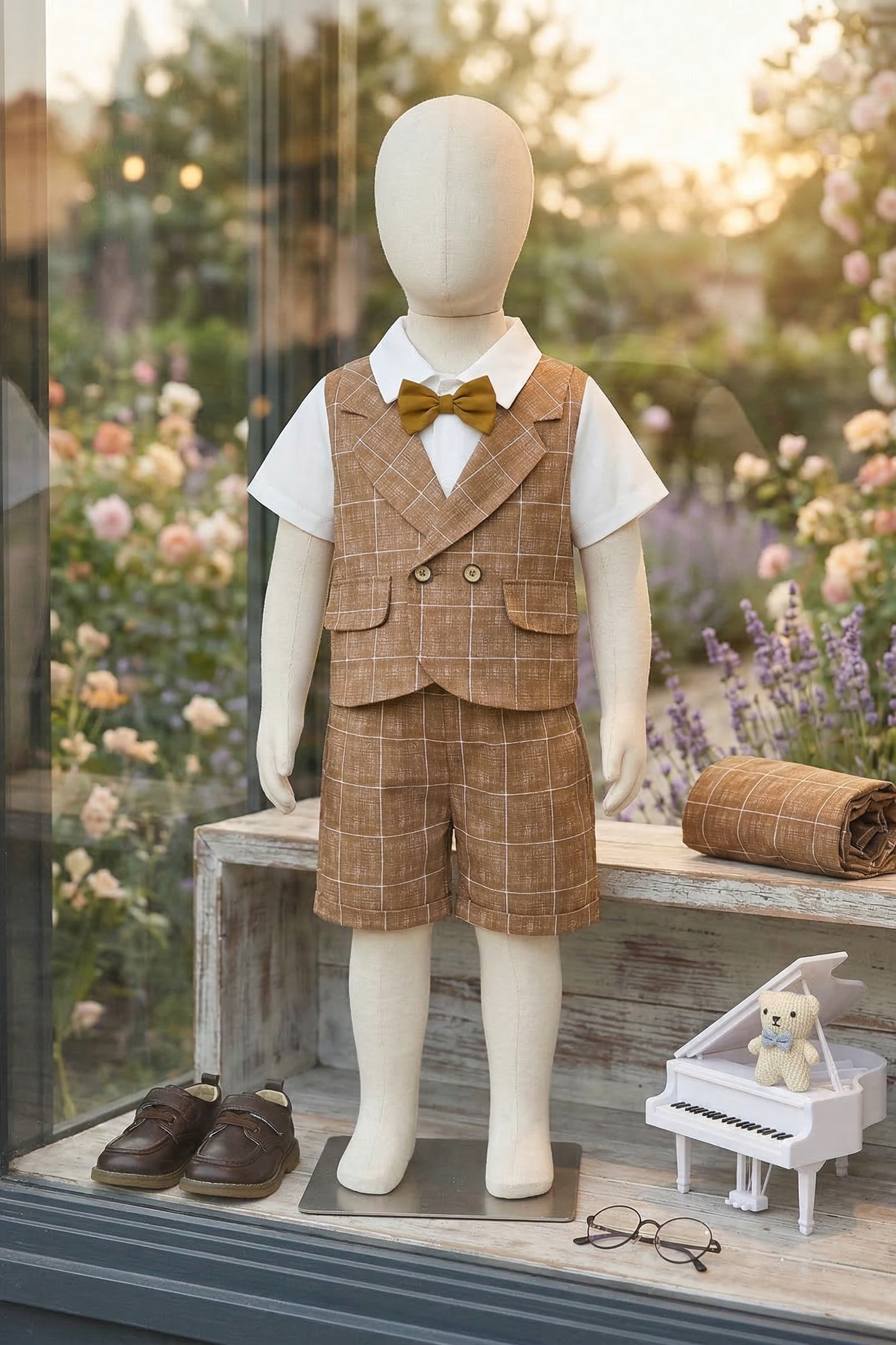 Light Brown Plaid Double-Breasted 2-Piece Set