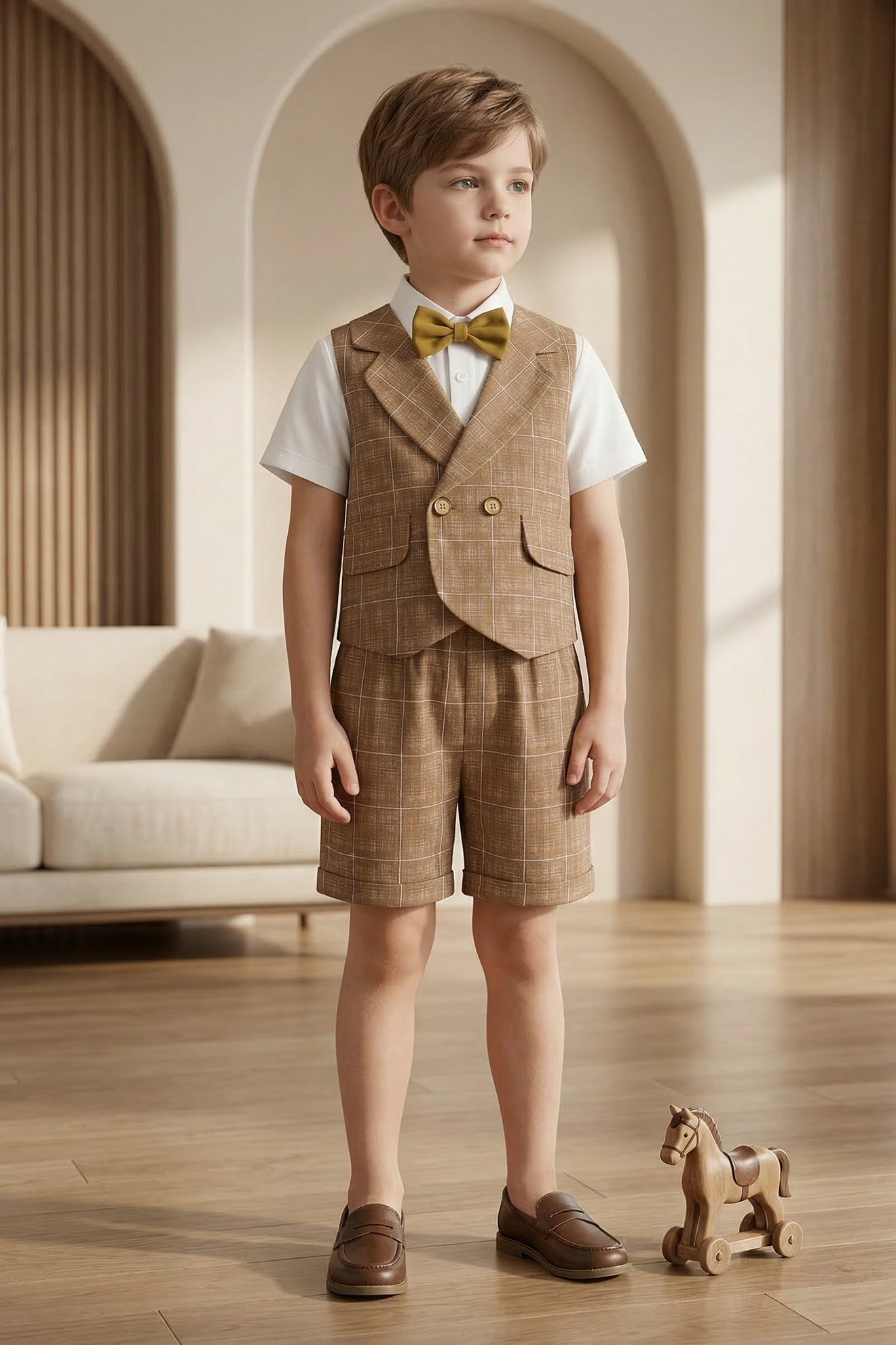 Light Brown Plaid Double-Breasted 2-Piece Set