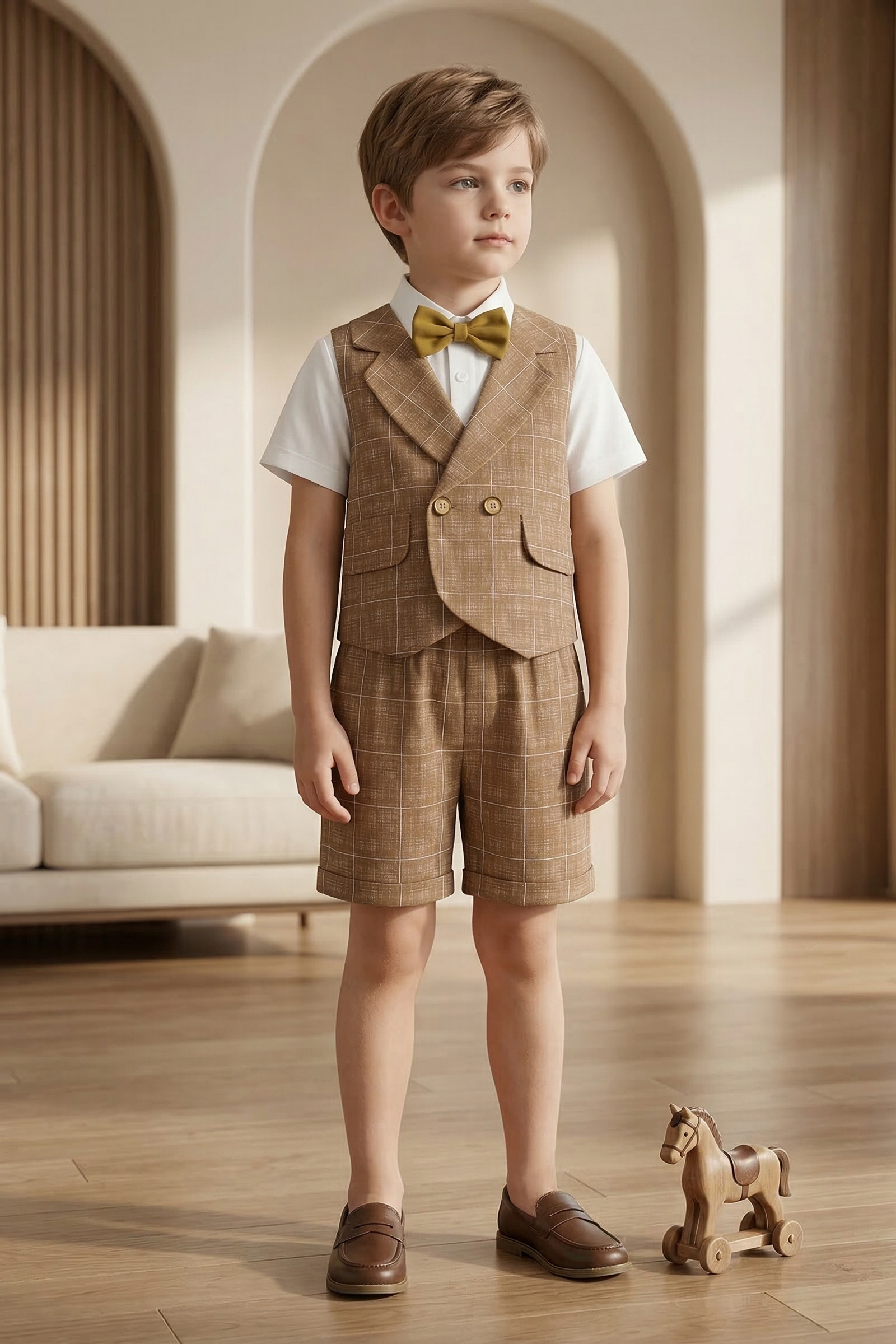 Light Brown Plaid Double-Breasted 2-Piece Set