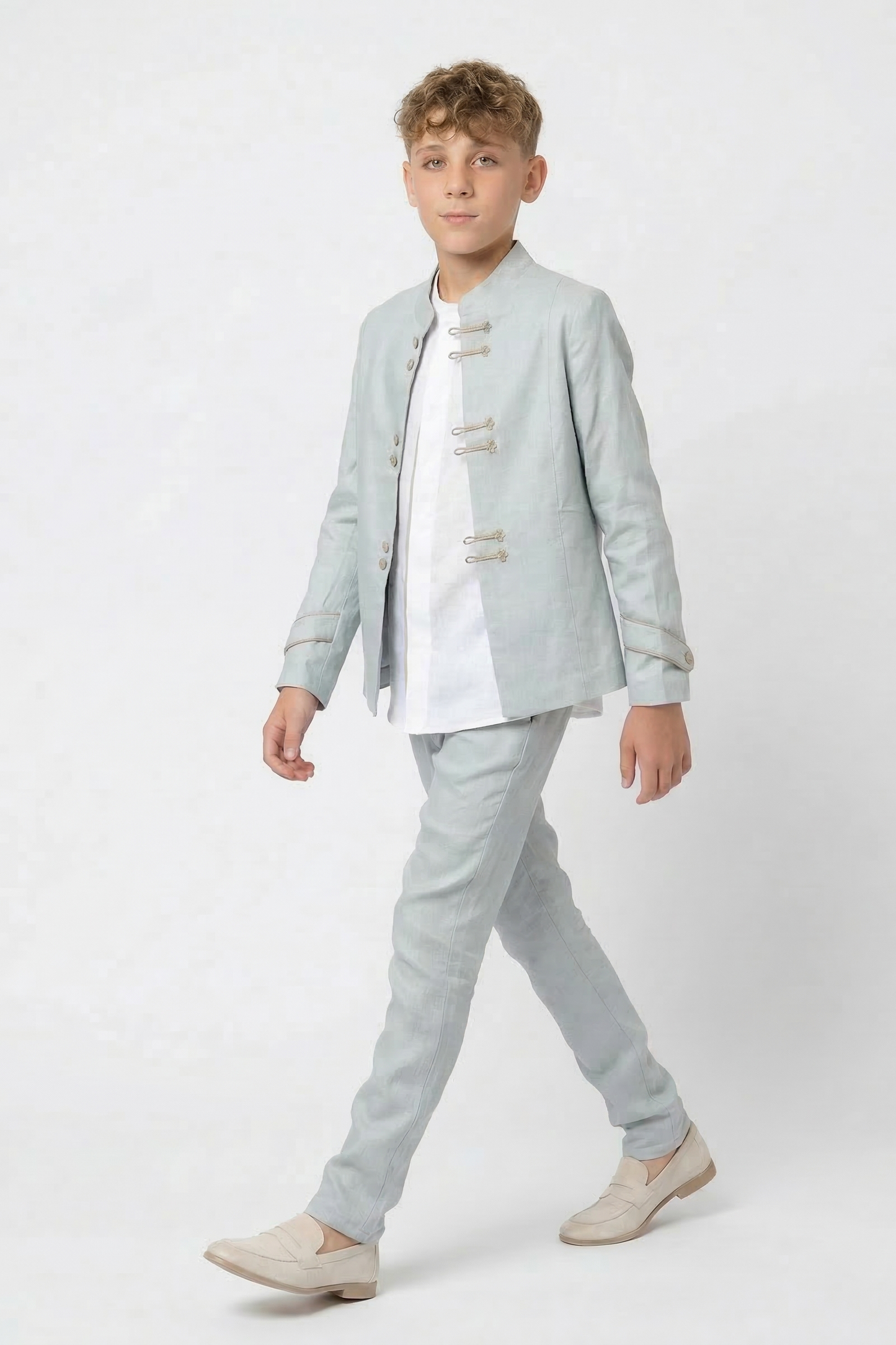 Light Blue Round Neck Button-Down Suit 2-Piece Set