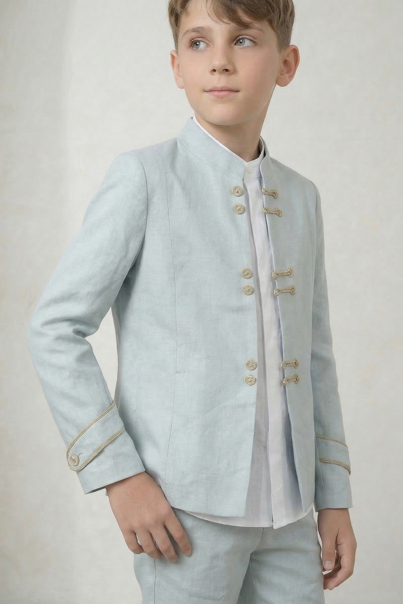 Light Blue Round Neck Button-Down Suit 2-Piece Set