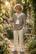 Load image into Gallery viewer, Khaki Linen Blend Sailor Collar 2-Piece Set
