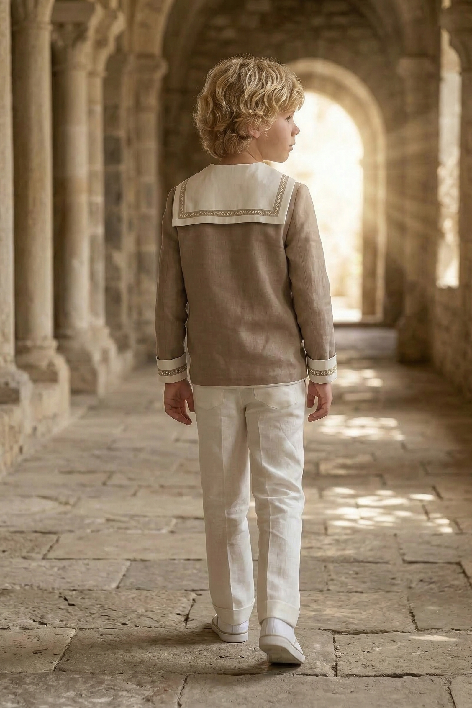 Khaki Linen Blend Sailor Collar 2-Piece Set