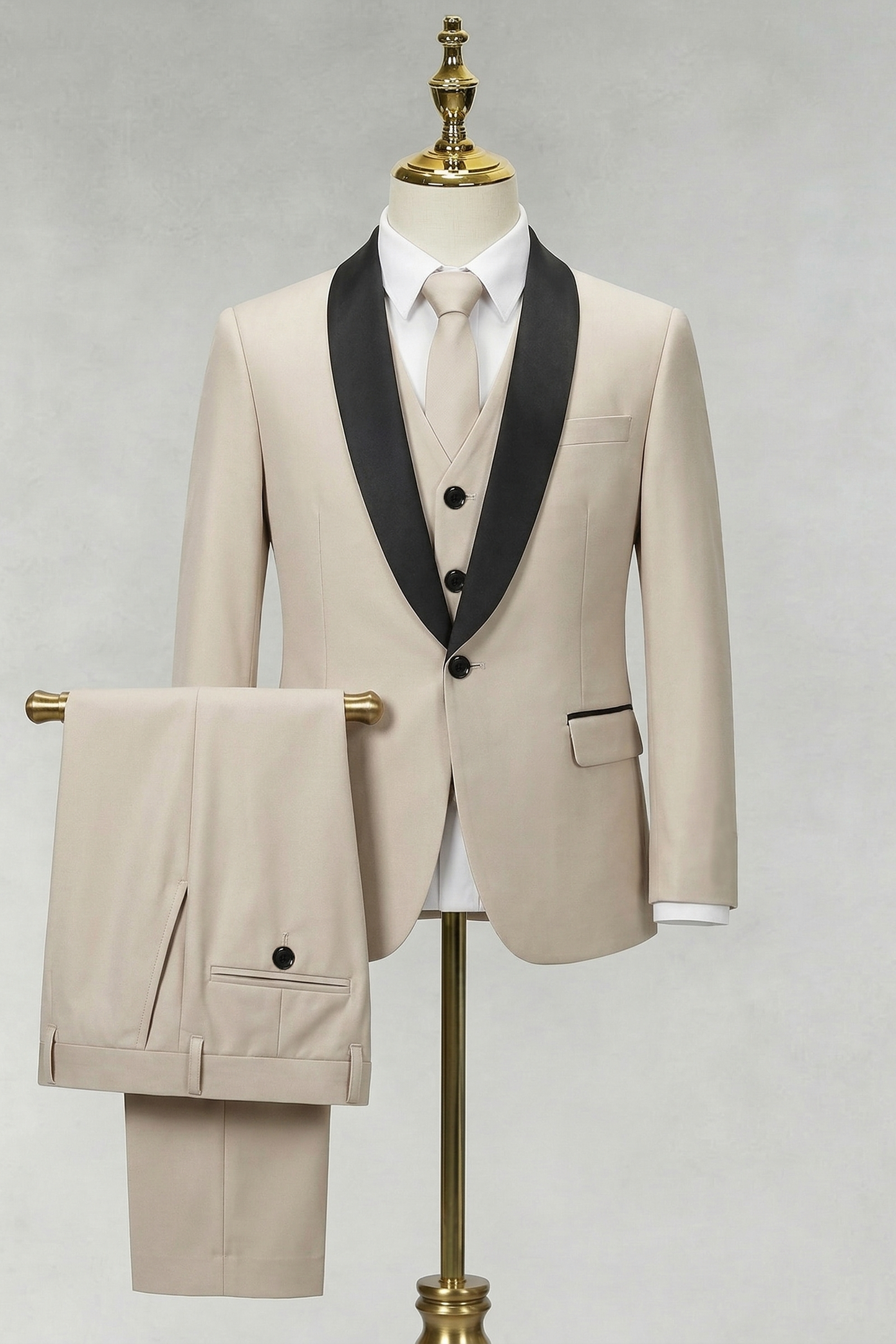 Khaki And Black Single-Breasted 3-Piece Suit