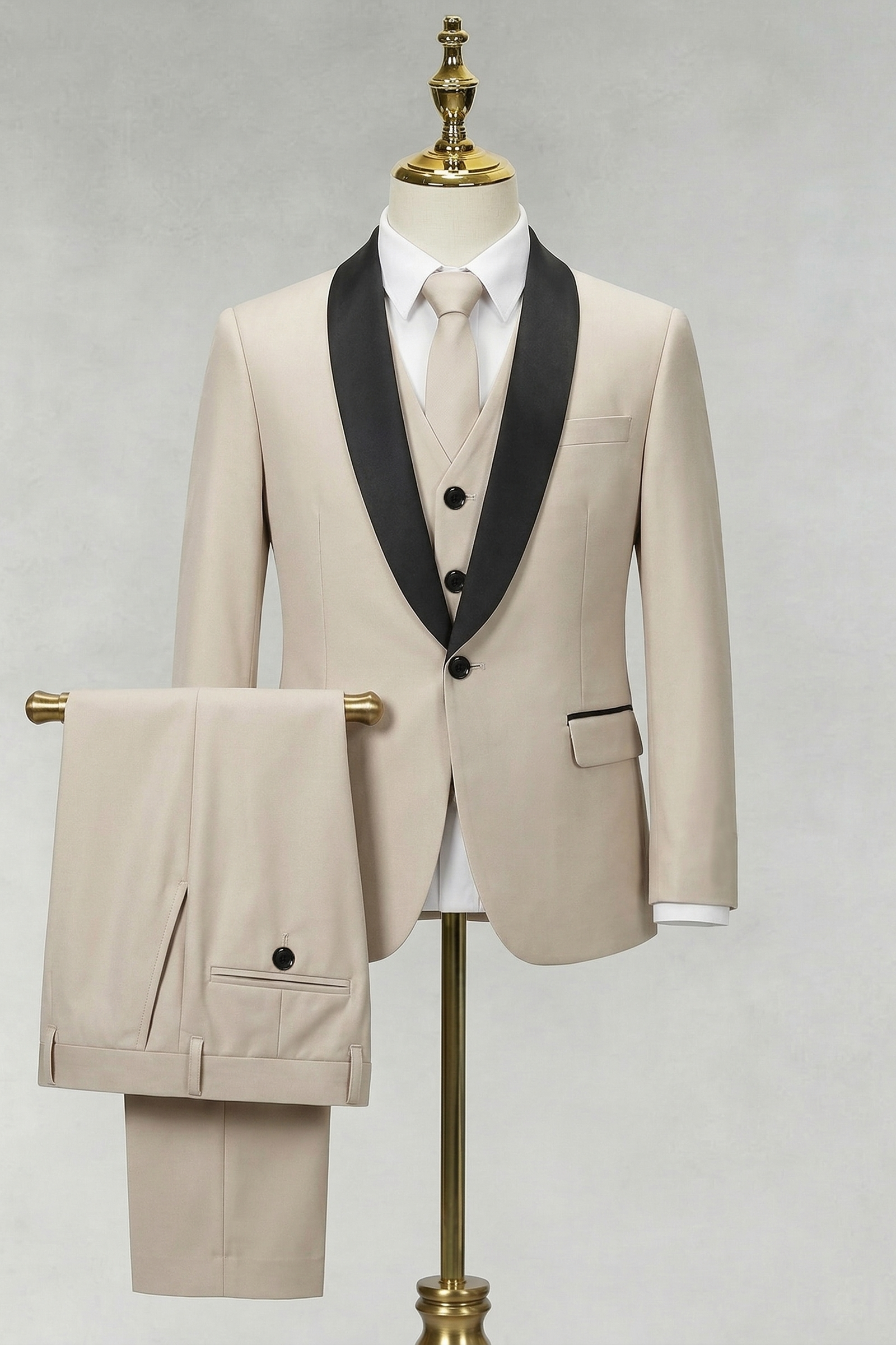 Khaki And Black Single-Breasted 3-Piece Suit