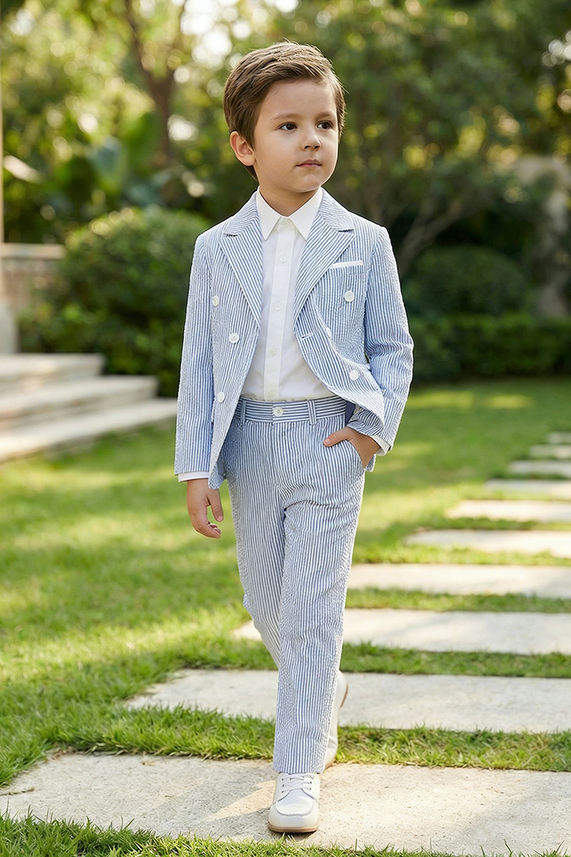 Boys Light Blue Seersucker Double-Breasted 2-Piece Suit