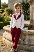 Load image into Gallery viewer, Boys Ivory Contrast Vest & Burgundy Trousers Set
