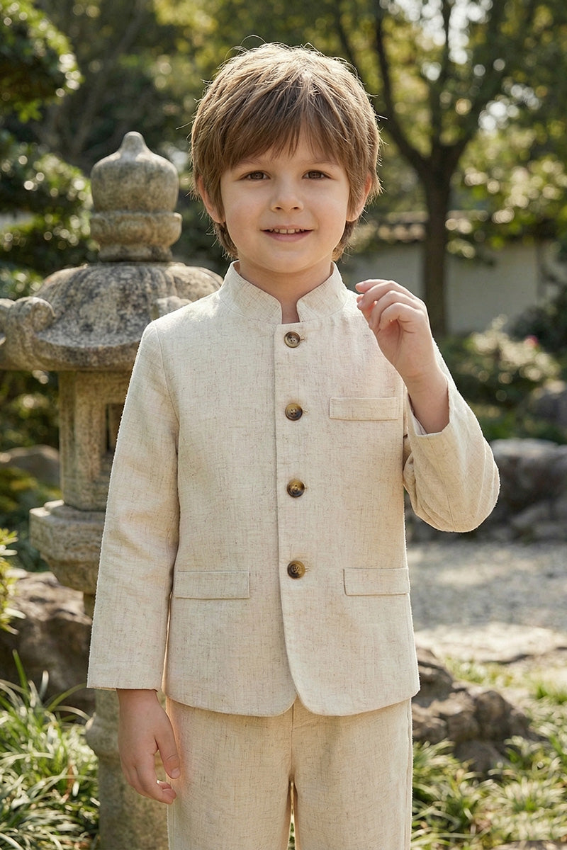 Boys Beige Linen Mandarin Collar 2-Piece Suit