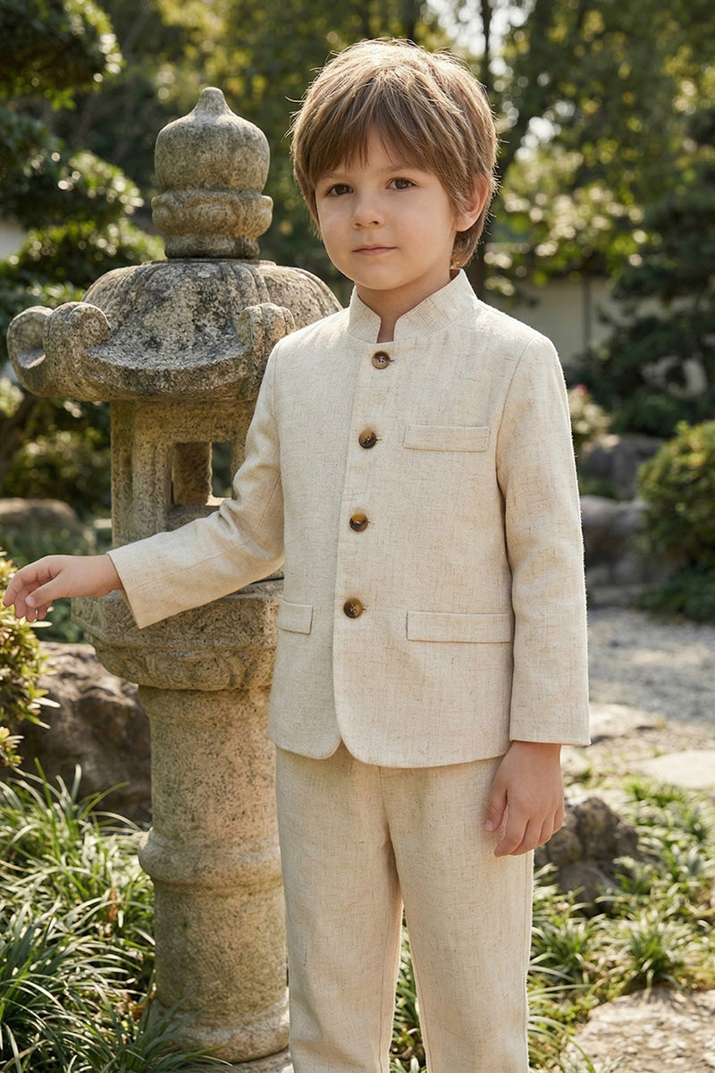 Boys Beige Linen Mandarin Collar 2-Piece Suit