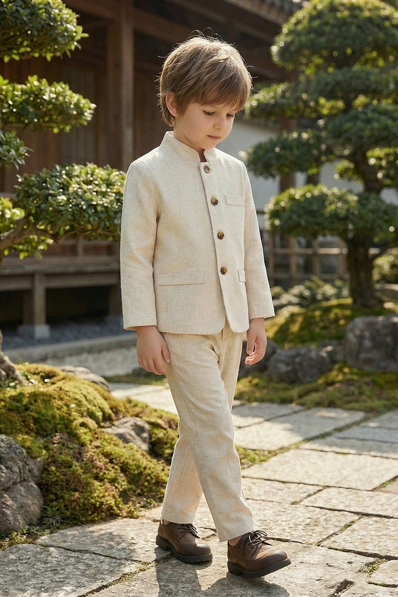Boys Beige Linen Mandarin Collar 2-Piece Suit