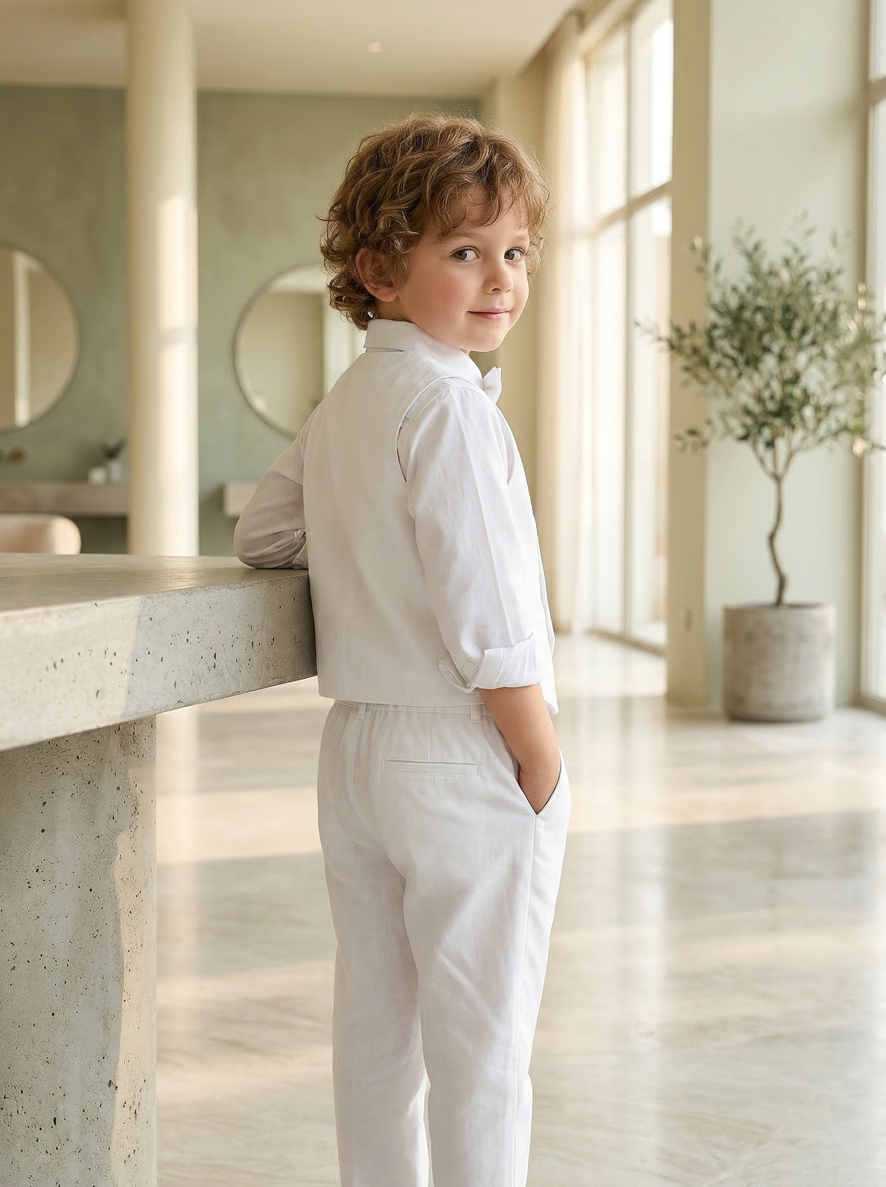 White V-Neck Cotton Linen Double-Breasted 2-Piece Set