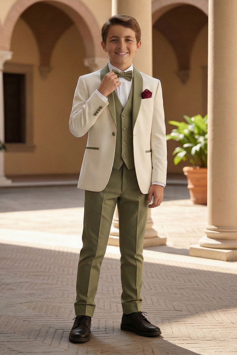 Boys Ivory & Olive Contrast 3-Piece Suit