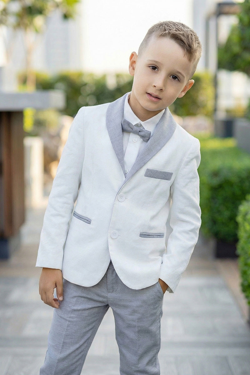 Boys White Linen Blazer & Grey Trousers 2-Piece Suit