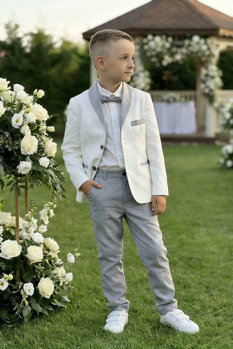 Boys White Linen Blazer & Grey Trousers 2-Piece Suit