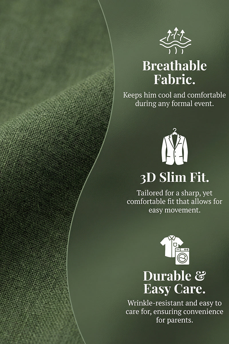 Boys Olive Green Textured 3-Piece Suit