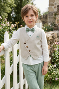 Load image into Gallery viewer, Beige And Mint Green Cotton-Linen Asymmetrical Vest 2-Piece Set
