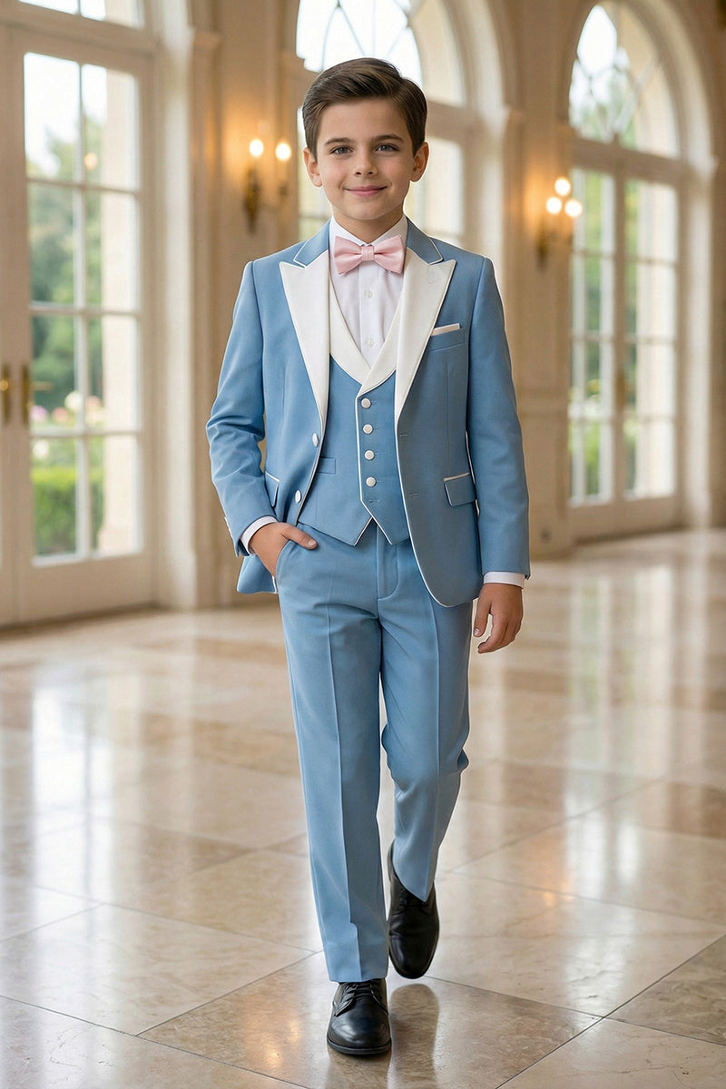 Boys Light Blue 3-Piece Suit with White Satin Lapel