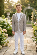 Load image into Gallery viewer, Khaki Cotton-Linen Blend Single-Breasted Multi-Pocket Suit Jacket
