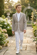 Load image into Gallery viewer, Khaki Cotton-Linen Blend Single-Breasted Multi-Pocket Suit Jacket
