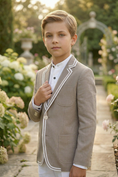 Load image into Gallery viewer, Khaki Cotton-Linen Blend Single-Breasted Multi-Pocket Suit Jacket
