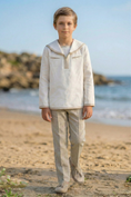 Gallery viewerに画像を読み込む, White And Khaki Cotton-Linen Blend Sailor Collar 2-Piece Set
