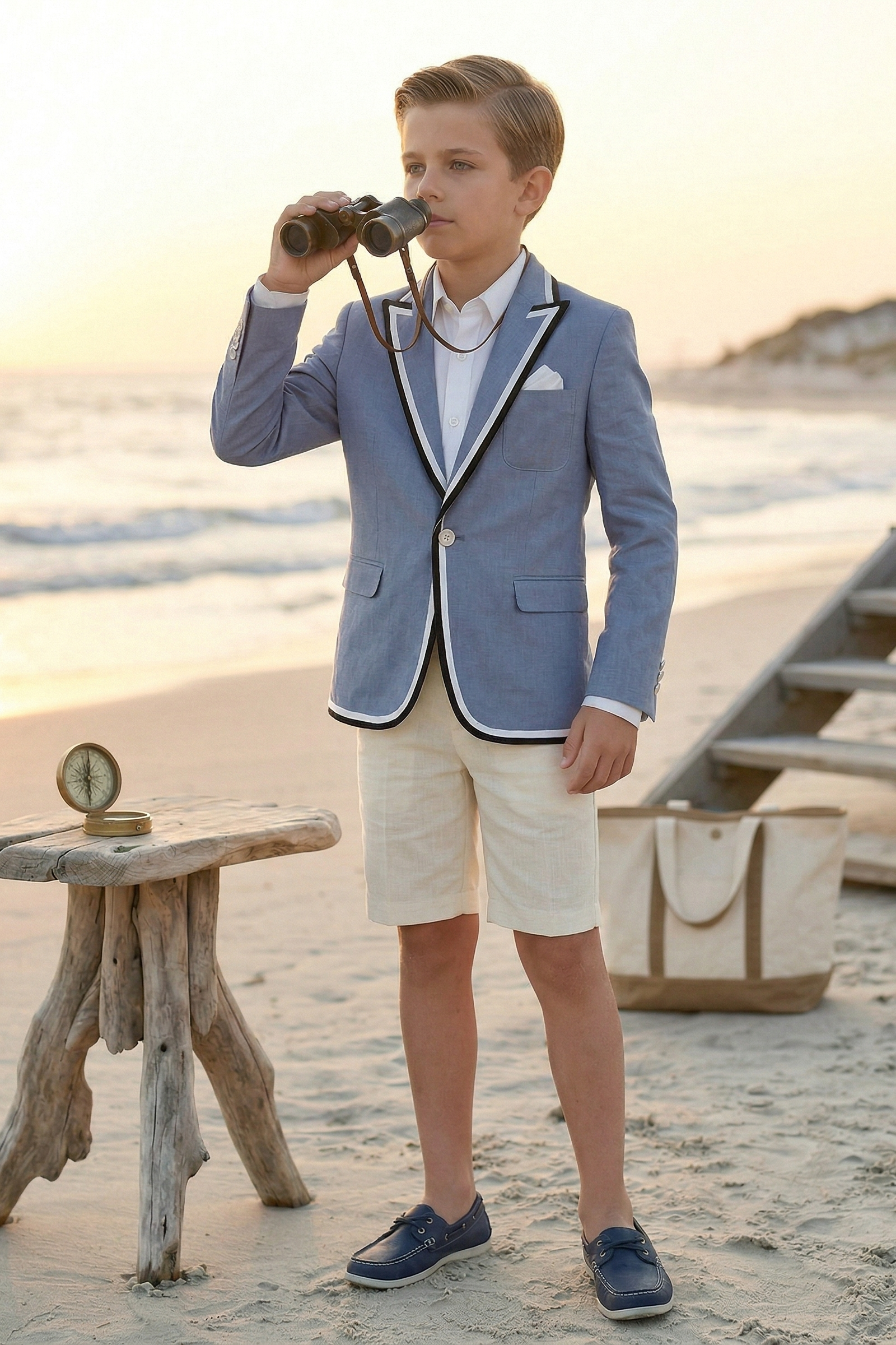 Blue Cotton-Linen Blend Blazer with Black and White Stripes