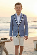Charger l'image dans la visionneuse de la galerie, Blue Cotton-Linen Blend Blazer with Black and White Stripes
