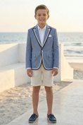 Charger l'image dans la visionneuse de la galerie, Blue Cotton-Linen Blend Blazer with Black and White Stripes
