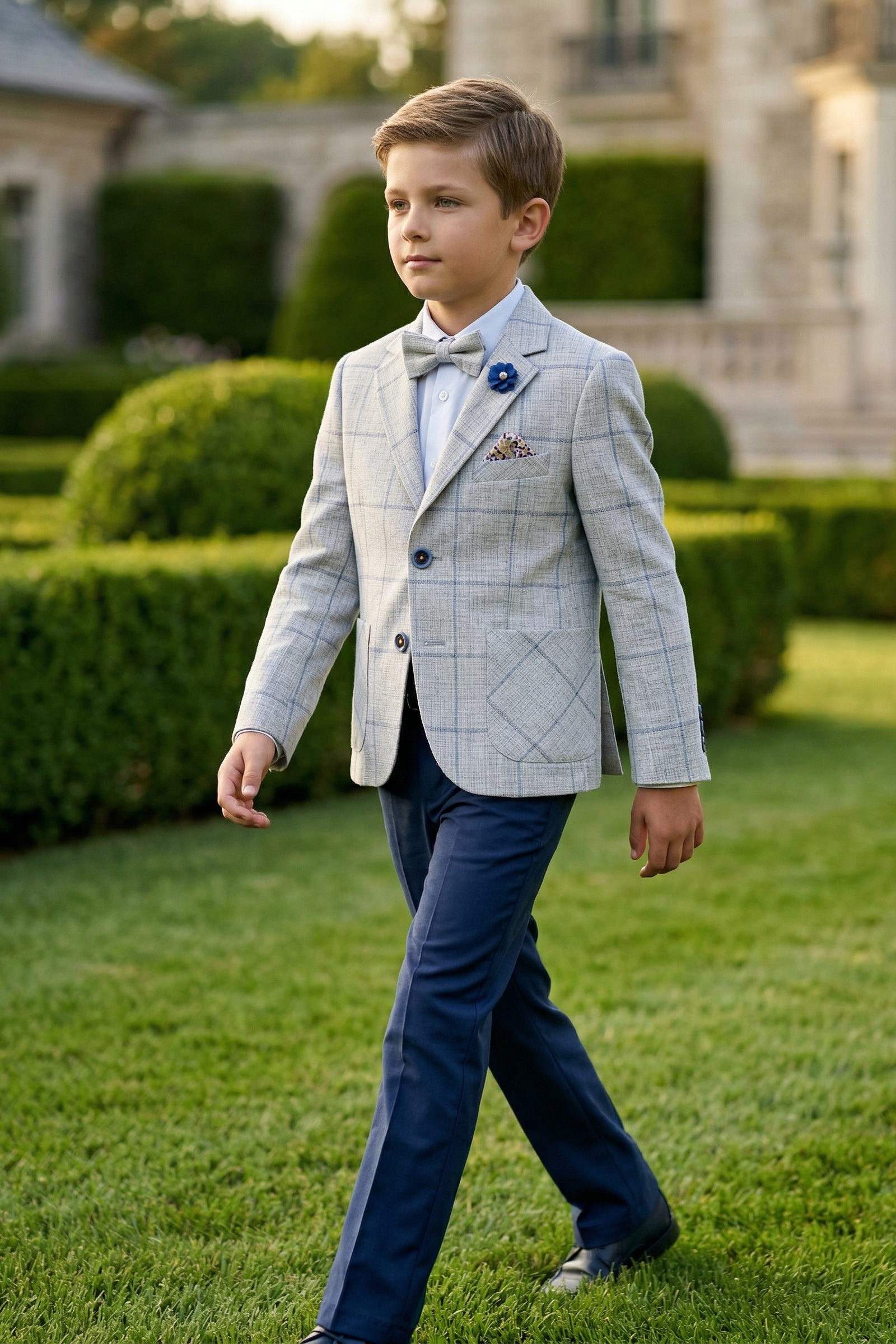 Light Gray Cotton-Linen Blend Large-Check Single-Breasted Blazer