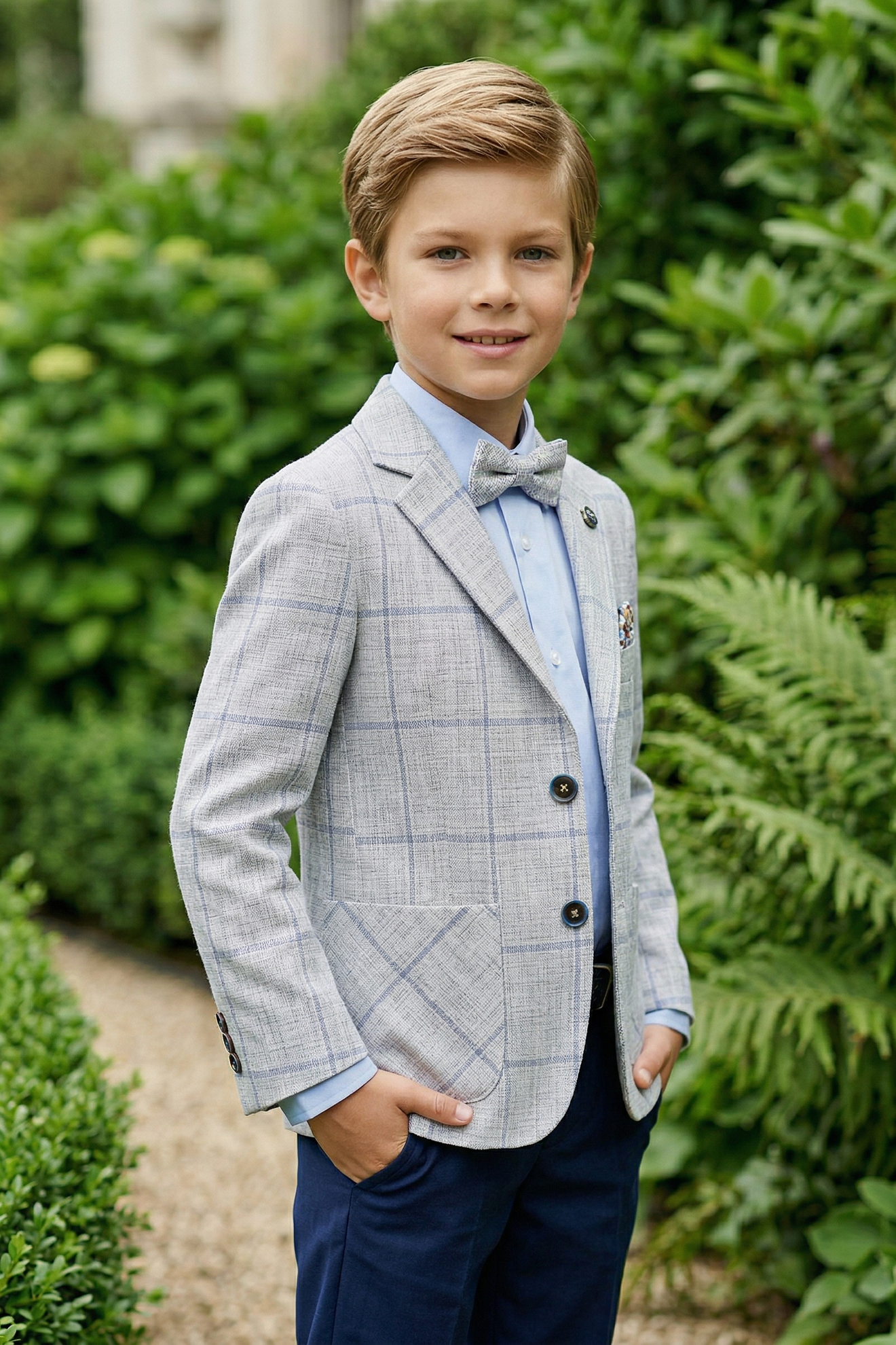 Light Gray Cotton-Linen Blend Large-Check Single-Breasted Blazer