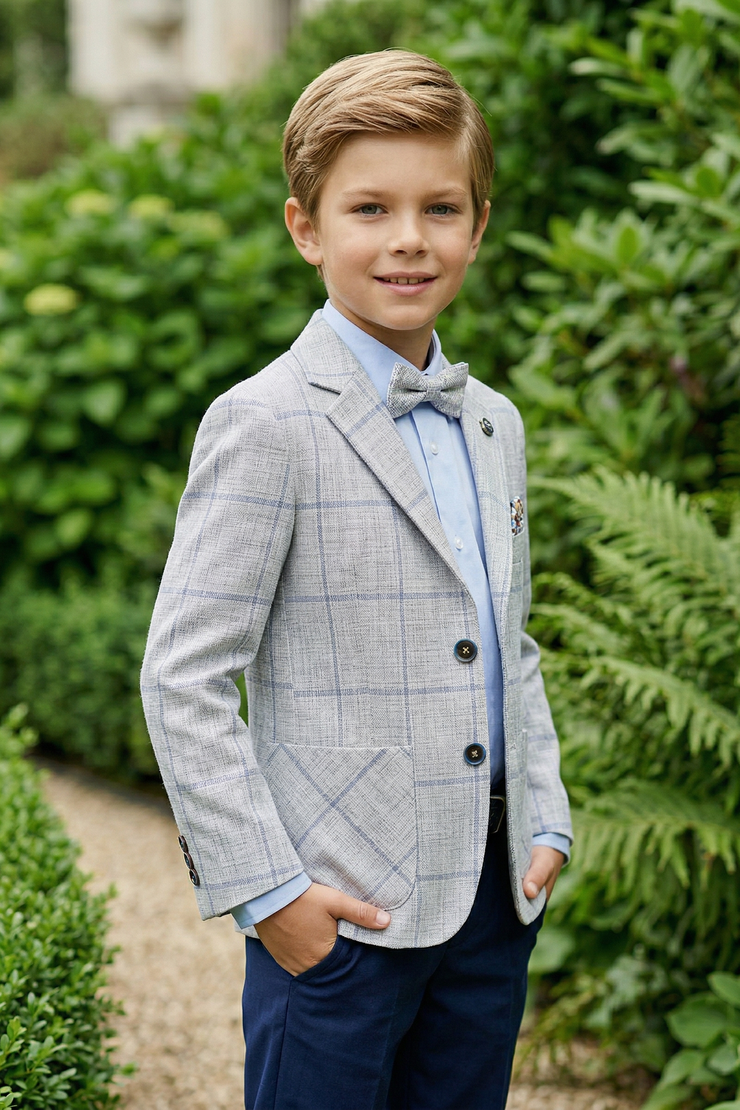 Light Gray Cotton-Linen Blend Large-Check Single-Breasted Blazer