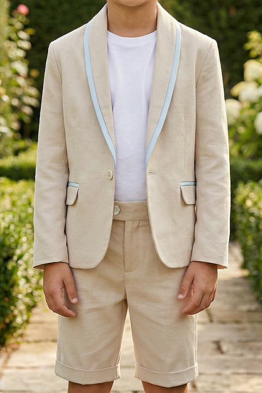 Apricot Cotton-Linen Blend Two-Piece Suit with Satin Piping