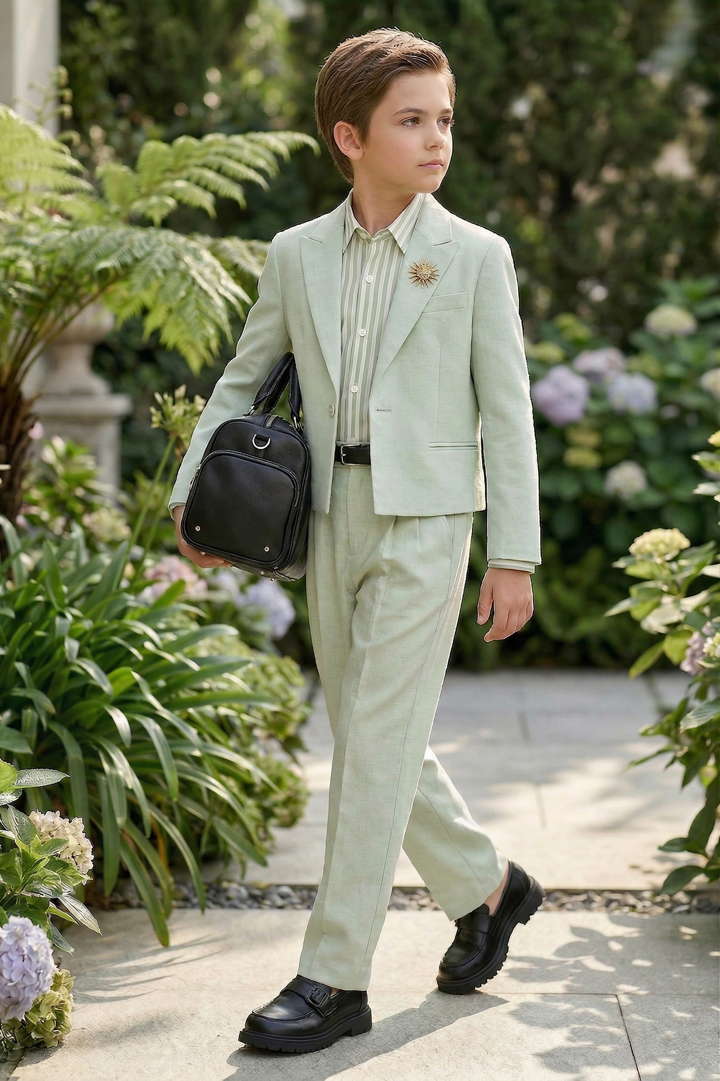 Light Green Cotton-Linen Blend Cropped Suit Two-Piece Set