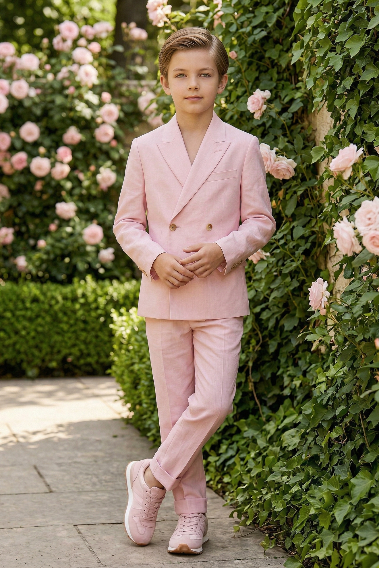 Pink Cotton-Linen Blend Double-Breasted Two-Piece Suit