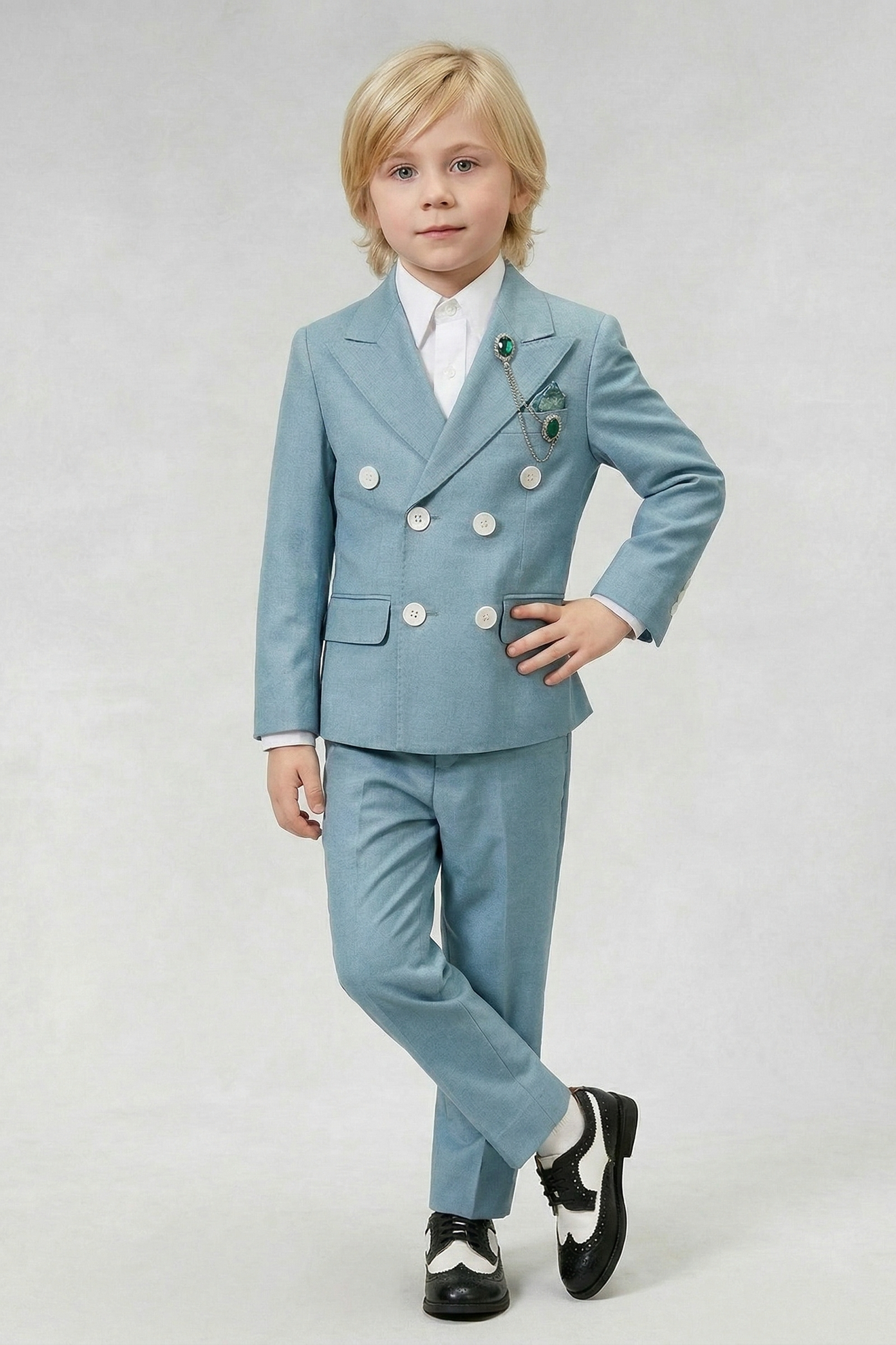 Gray-Blue Cotton And Linen Blend Double-Breasted 2-Piece Suit