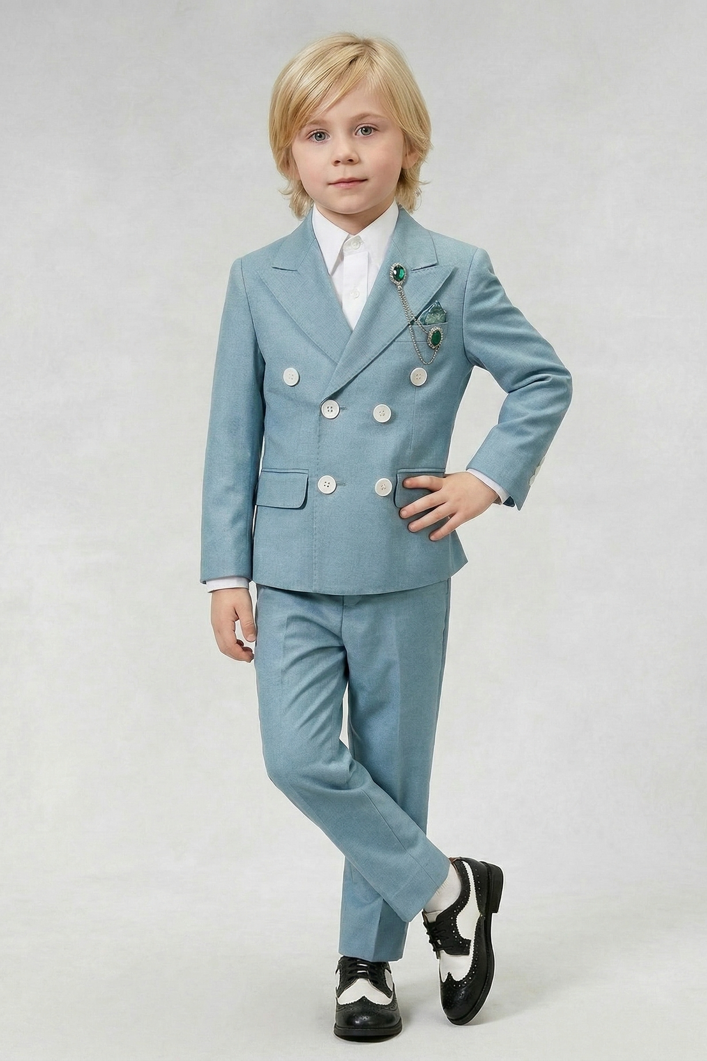Gray-Blue Cotton And Linen Blend Double-Breasted 2-Piece Suit